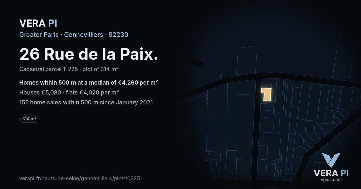 26 Rue de la Paix, Gennevilliers at night – the plot lit, the parcels around coloured by the prices near them