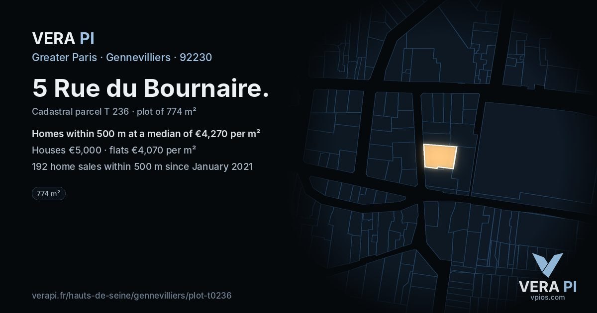 5 Rue du Bournaire, Gennevilliers at night – the plot lit, the parcels around coloured by the prices near them