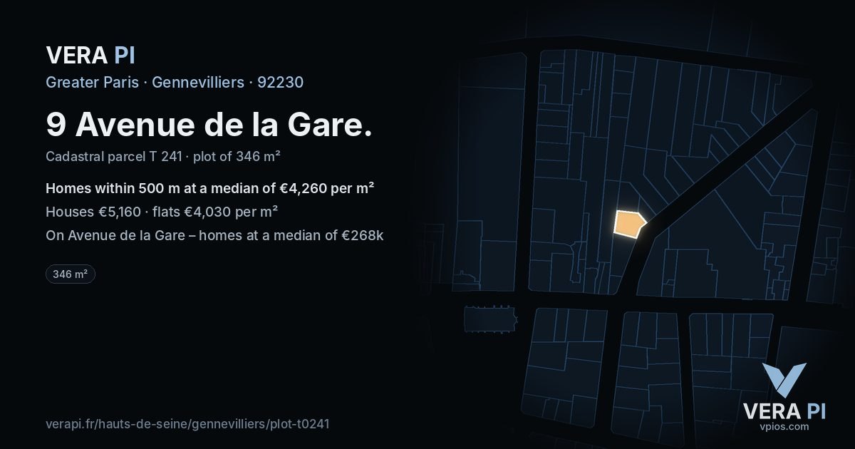 9 Avenue de la Gare, Gennevilliers at night – the plot lit, the parcels around coloured by the prices near them