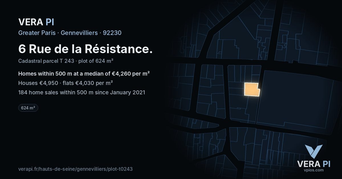 6 Rue de la Résistance, Gennevilliers at night – the plot lit, the parcels around coloured by the prices near them