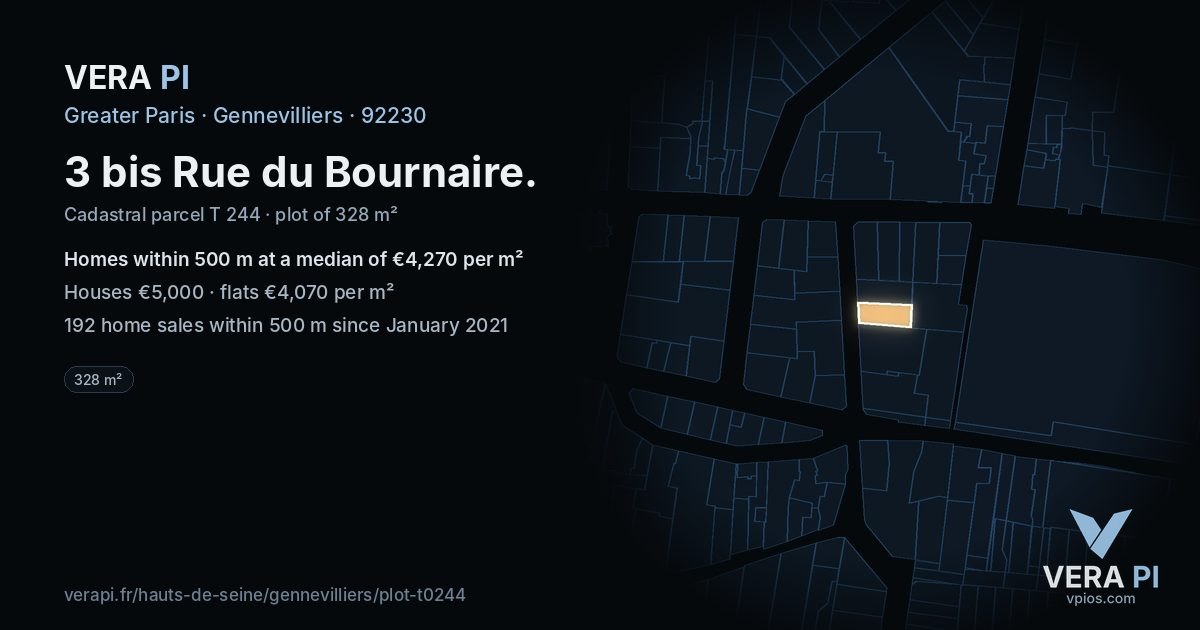 3 bis Rue du Bournaire, Gennevilliers at night – the plot lit, the parcels around coloured by the prices near them