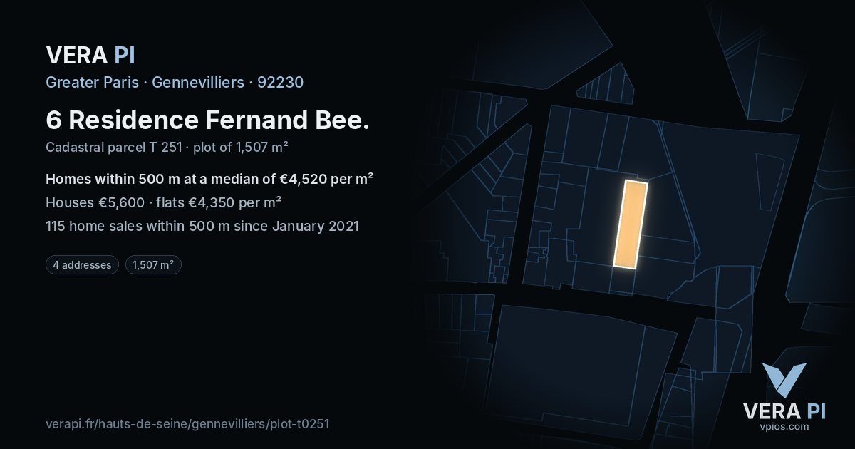 6 Residence Fernand Bee, Gennevilliers at night – the plot lit, the parcels around coloured by the prices near them
