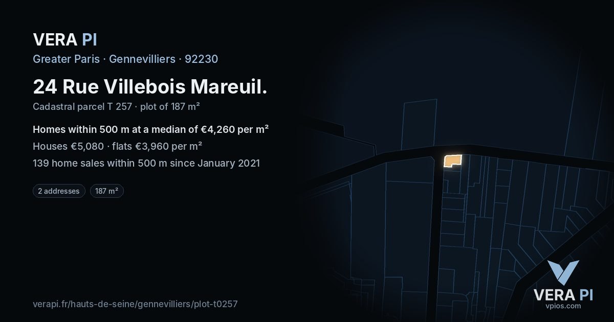 24 Rue Villebois Mareuil, Gennevilliers at night – the plot lit, the parcels around coloured by the prices near them