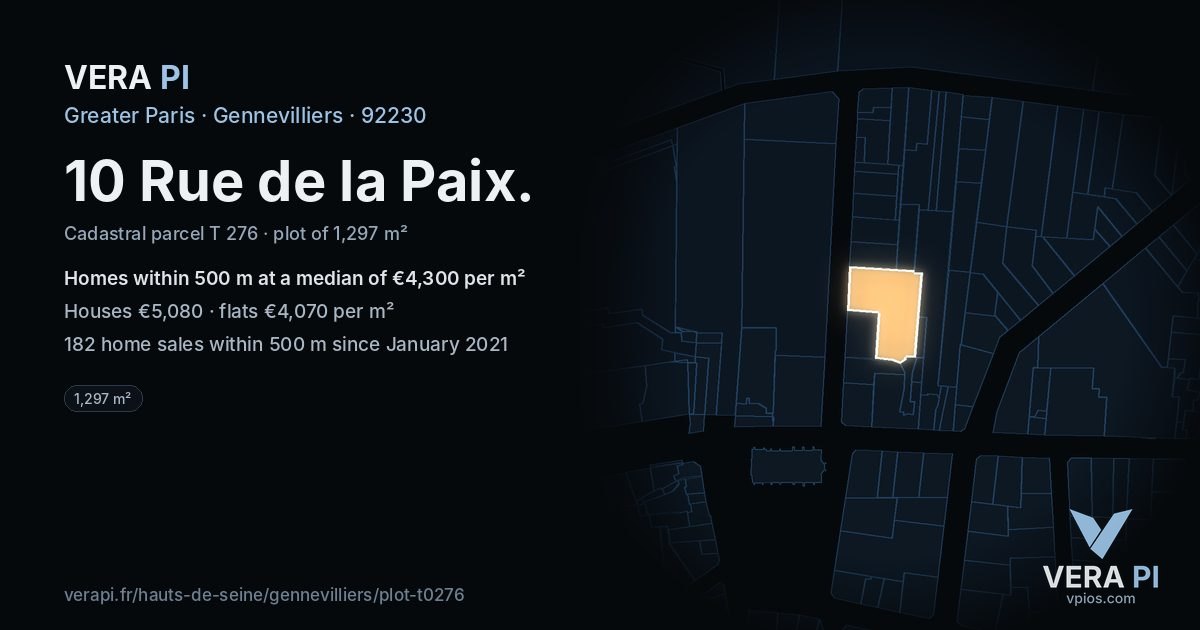 10 Rue de la Paix, Gennevilliers at night – the plot lit, the parcels around coloured by the prices near them