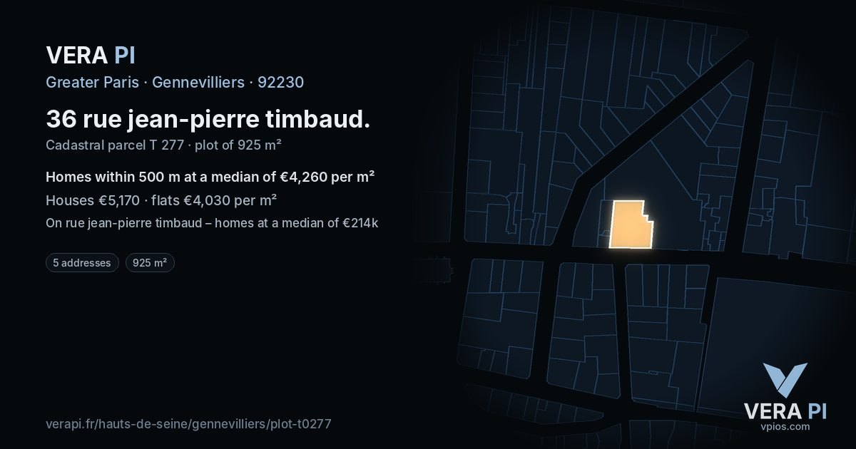36 rue jean-pierre timbaud, Gennevilliers at night – the plot lit, the parcels around coloured by the prices near them