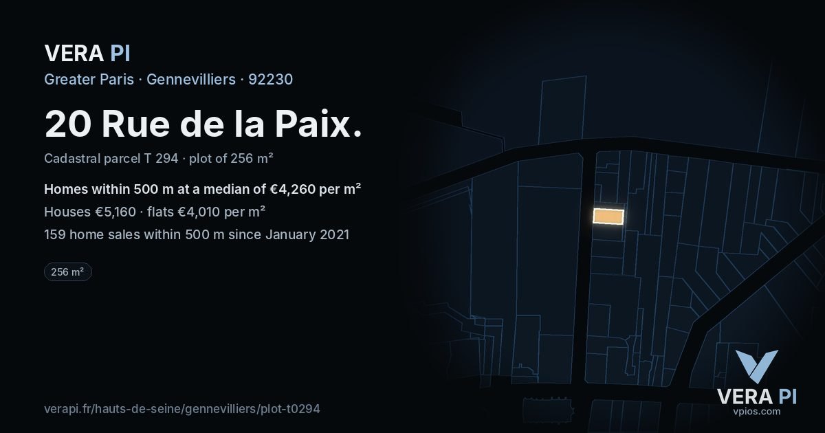 20 Rue de la Paix, Gennevilliers at night – the plot lit, the parcels around coloured by the prices near them