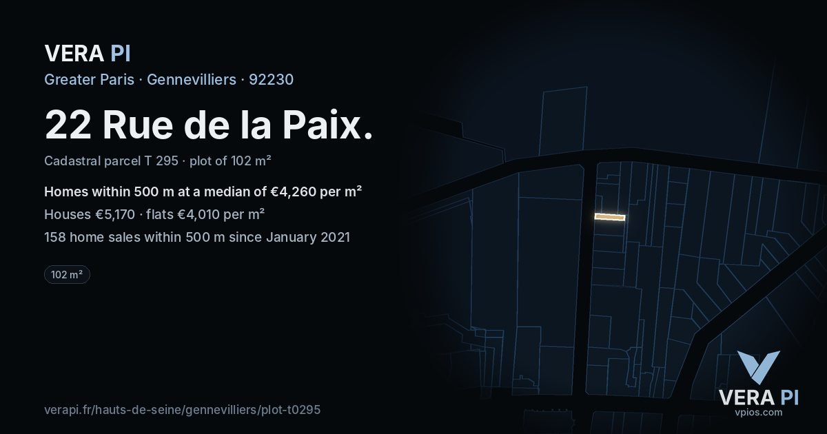 22 Rue de la Paix, Gennevilliers at night – the plot lit, the parcels around coloured by the prices near them