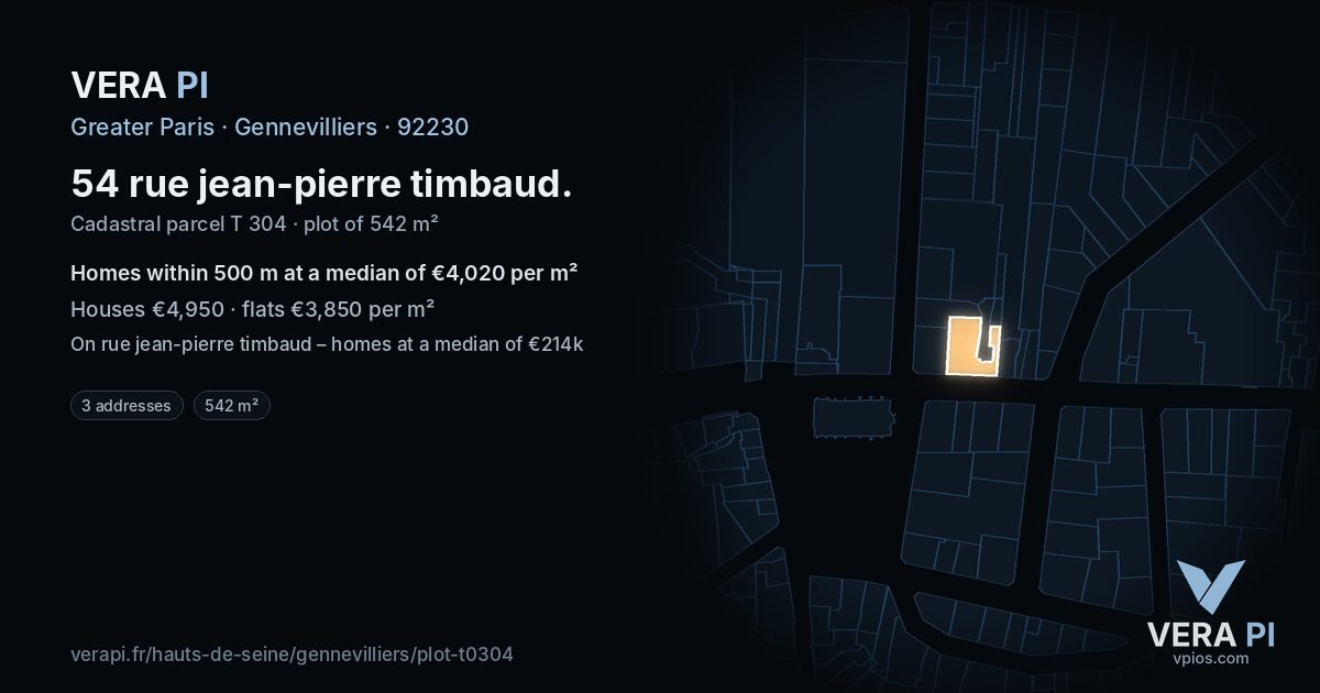 54 rue jean-pierre timbaud, Gennevilliers at night – the plot lit, the parcels around coloured by the prices near them