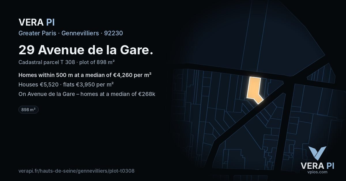 29 Avenue de la Gare, Gennevilliers at night – the plot lit, the parcels around coloured by the prices near them