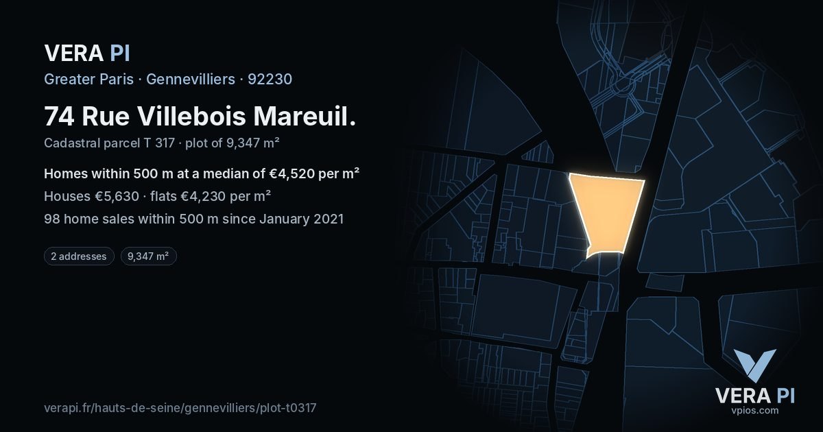 74 Rue Villebois Mareuil, Gennevilliers at night – the plot lit, the parcels around coloured by the prices near them
