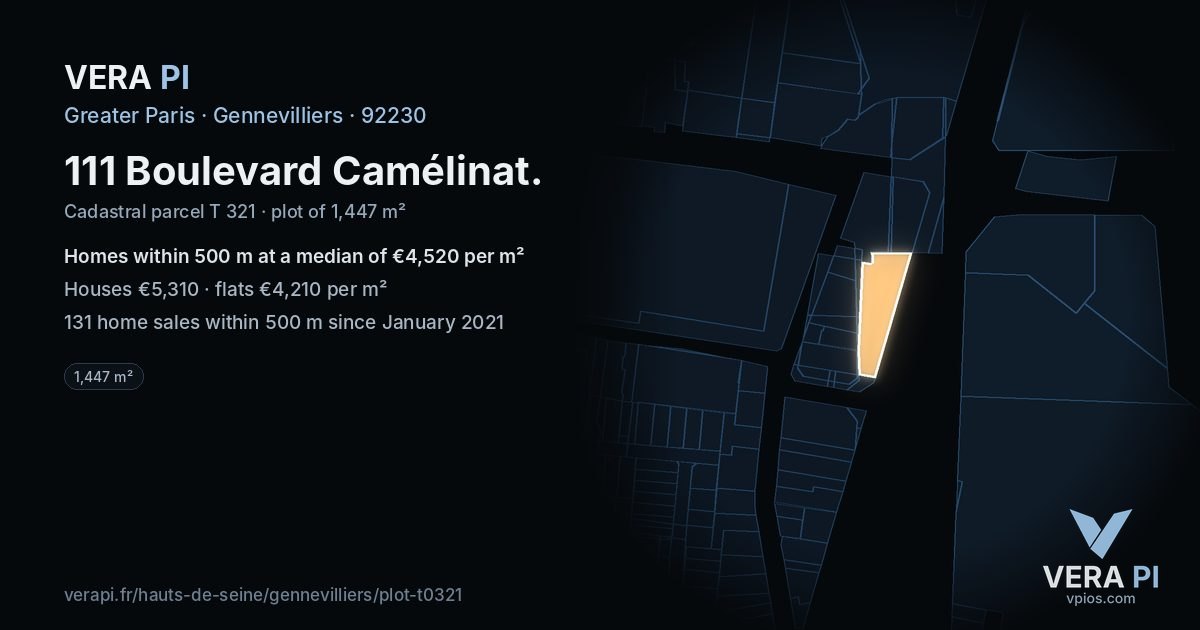 111 Boulevard Camélinat, Gennevilliers at night – the plot lit, the parcels around coloured by the prices near them