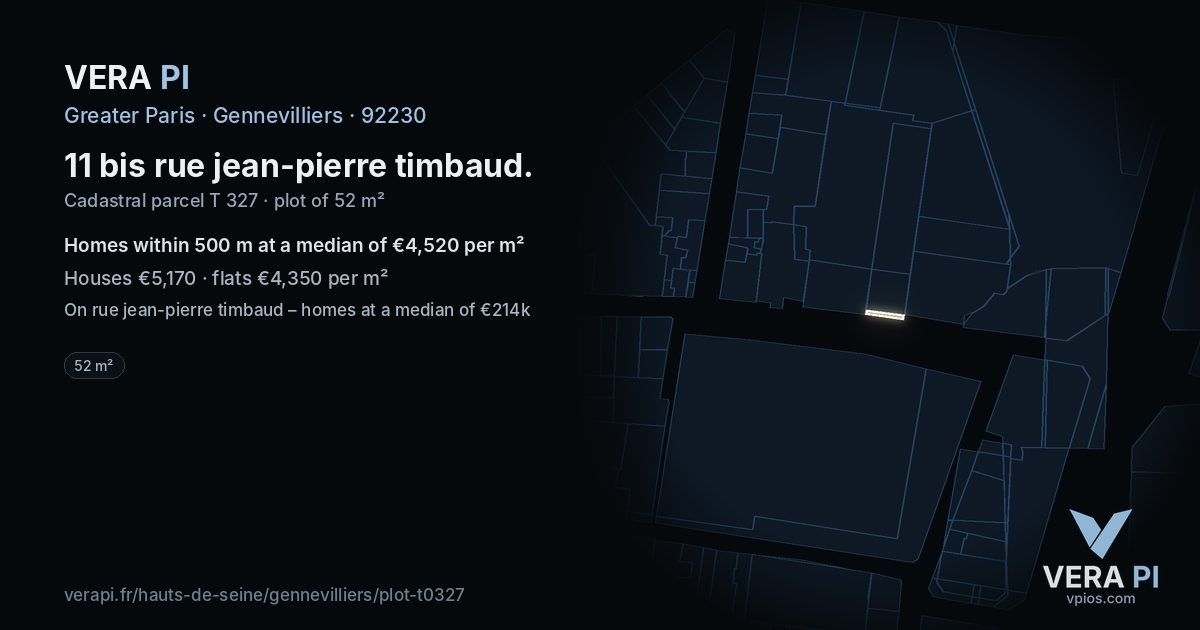 11 bis rue jean-pierre timbaud, Gennevilliers at night – the plot lit, the parcels around coloured by the prices near them