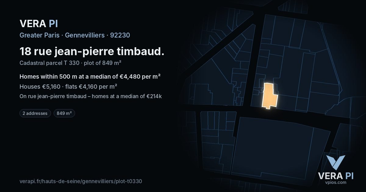 18 rue jean-pierre timbaud, Gennevilliers at night – the plot lit, the parcels around coloured by the prices near them
