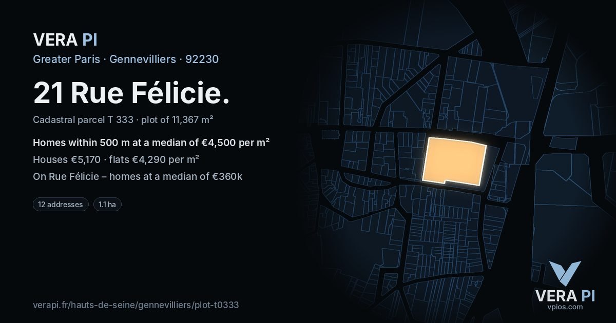 21 Rue Félicie, Gennevilliers at night – the plot lit, the parcels around coloured by the prices near them