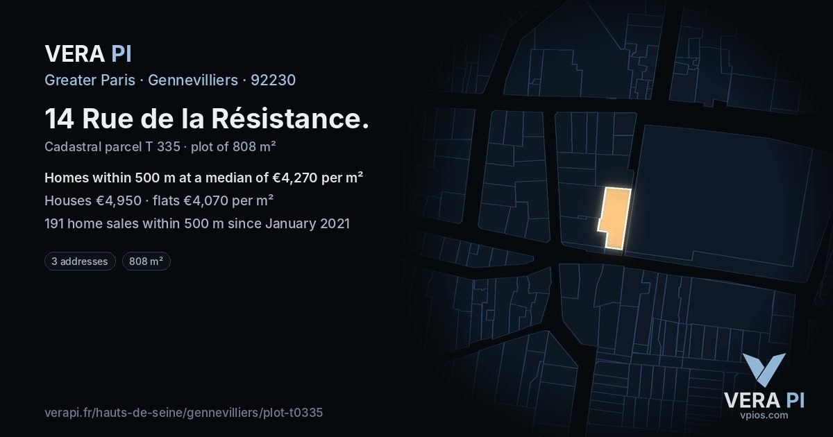 14 Rue de la Résistance, Gennevilliers at night – the plot lit, the parcels around coloured by the prices near them