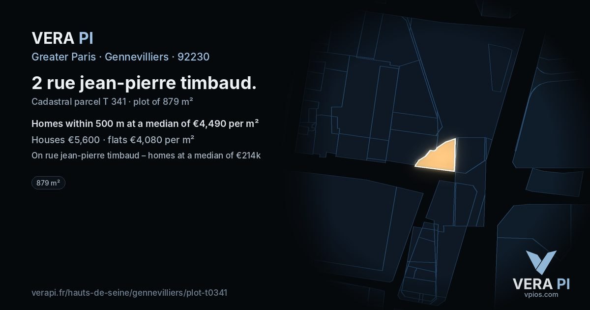 2 rue jean-pierre timbaud, Gennevilliers at night – the plot lit, the parcels around coloured by the prices near them