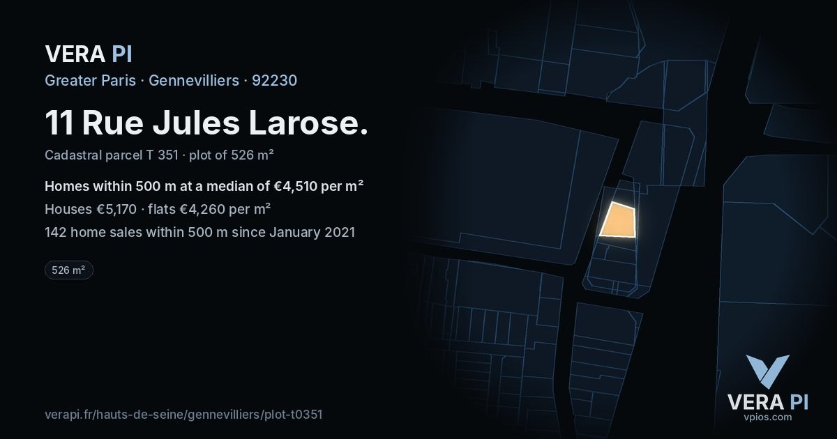 11 Rue Jules Larose, Gennevilliers at night – the plot lit, the parcels around coloured by the prices near them