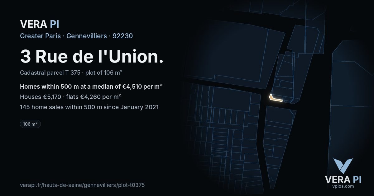 3 Rue de l'Union, Gennevilliers at night – the plot lit, the parcels around coloured by the prices near them