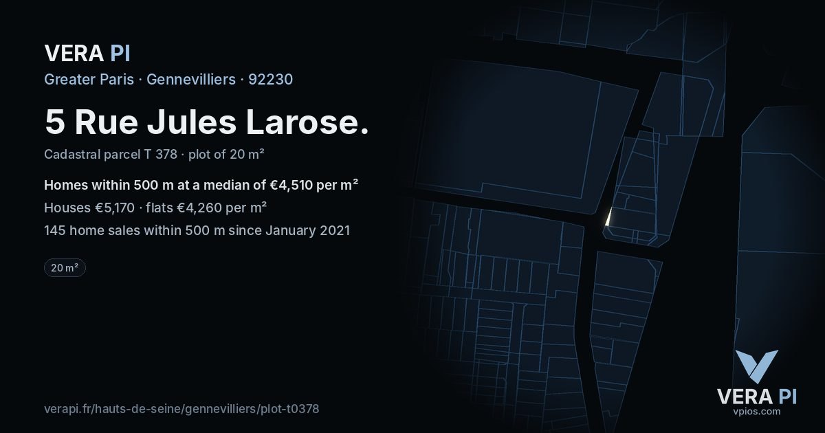5 Rue Jules Larose, Gennevilliers at night – the plot lit, the parcels around coloured by the prices near them