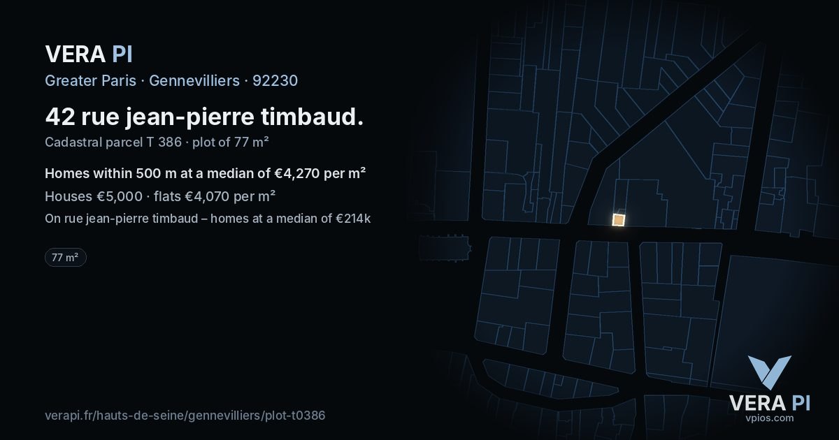 42 rue jean-pierre timbaud, Gennevilliers at night – the plot lit, the parcels around coloured by the prices near them