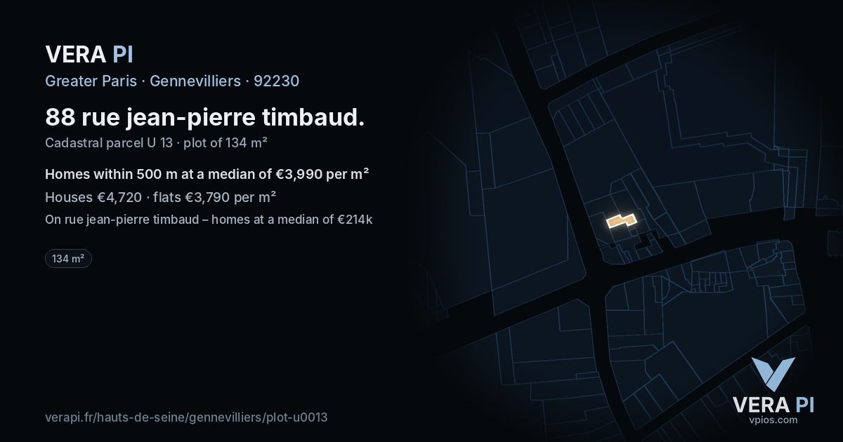 88 rue jean-pierre timbaud, Gennevilliers at night – the plot lit, the parcels around coloured by the prices near them