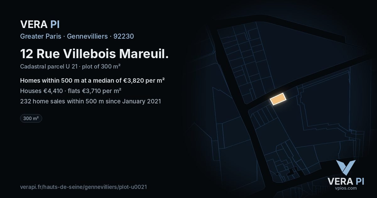 12 Rue Villebois Mareuil, Gennevilliers at night – the plot lit, the parcels around coloured by the prices near them