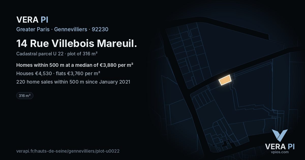 14 Rue Villebois Mareuil, Gennevilliers at night – the plot lit, the parcels around coloured by the prices near them