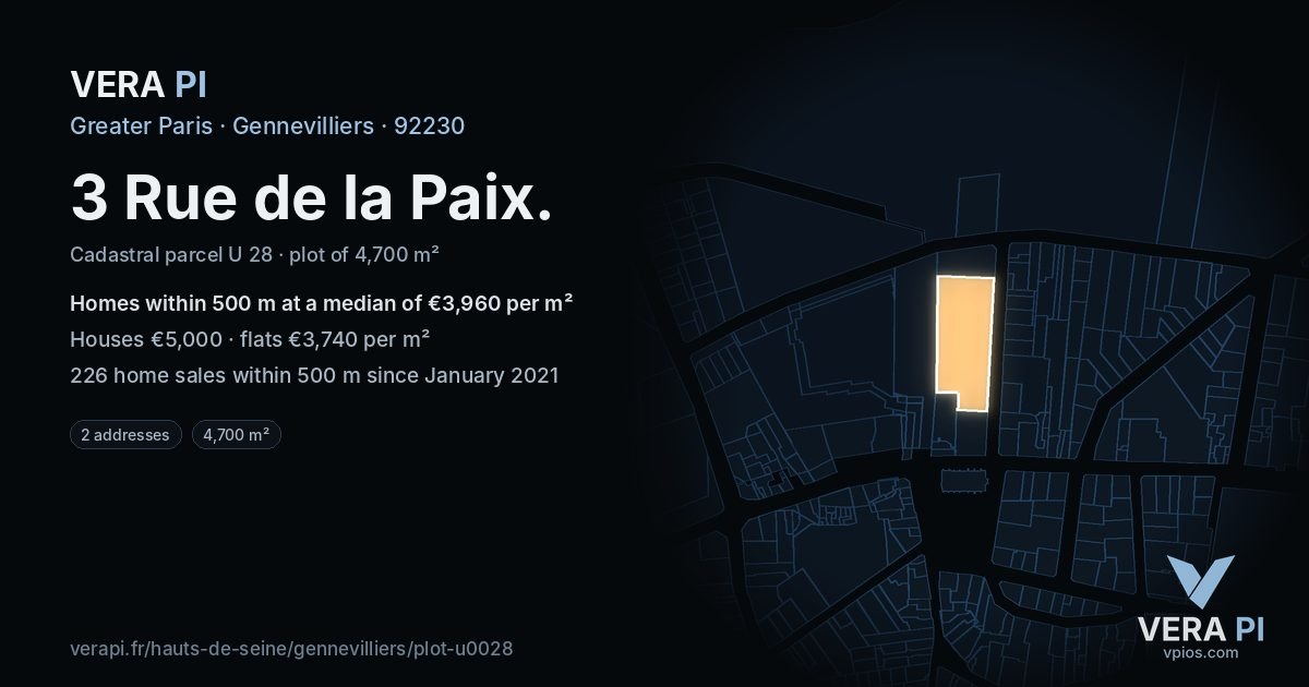 3 Rue de la Paix, Gennevilliers at night – the plot lit, the parcels around coloured by the prices near them