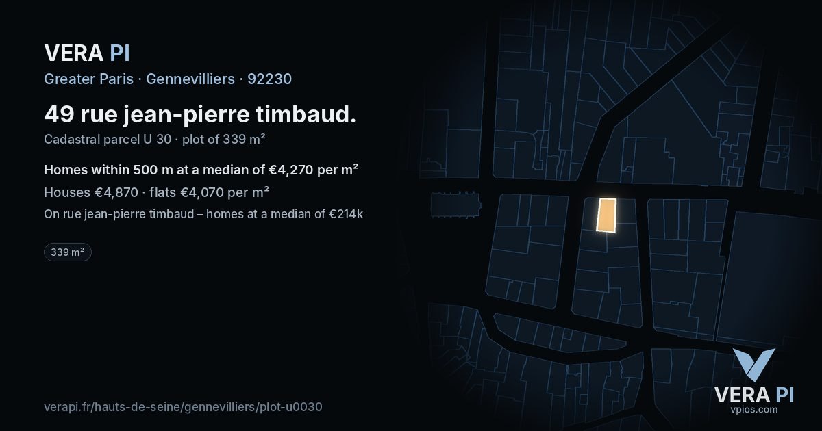49 rue jean-pierre timbaud, Gennevilliers at night – the plot lit, the parcels around coloured by the prices near them