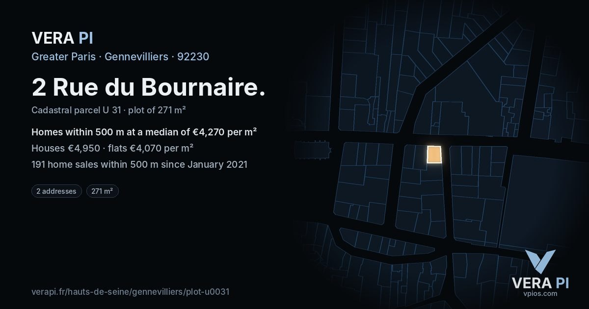 2 Rue du Bournaire, Gennevilliers at night – the plot lit, the parcels around coloured by the prices near them
