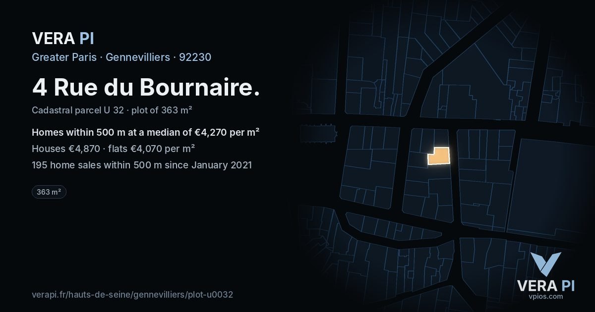 4 Rue du Bournaire, Gennevilliers at night – the plot lit, the parcels around coloured by the prices near them