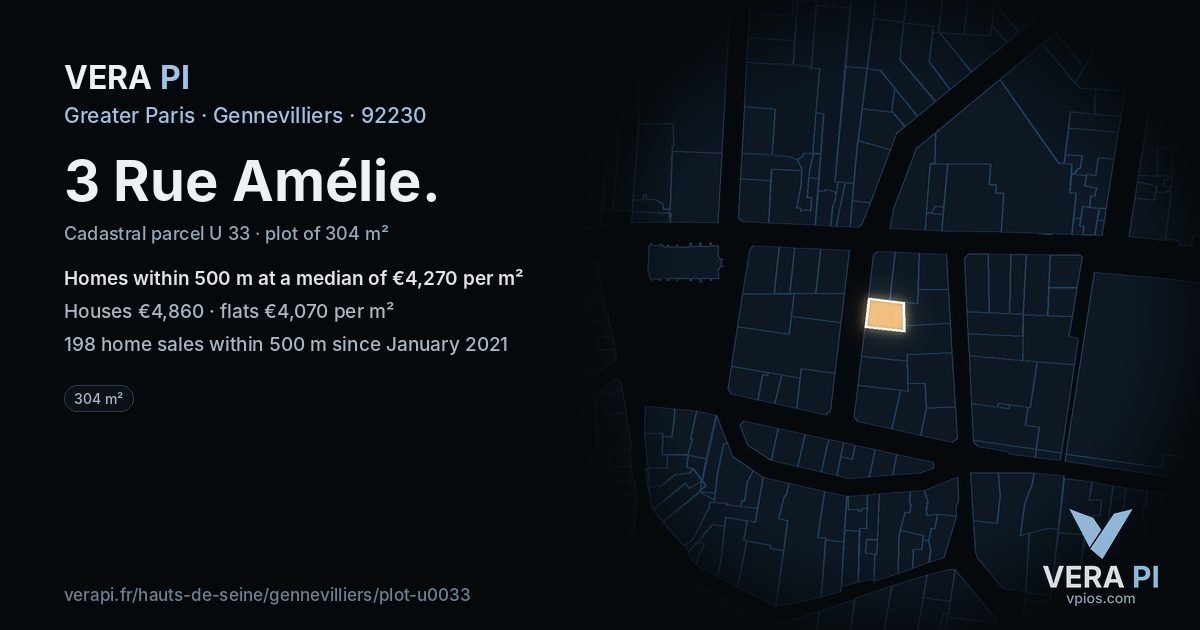 3 Rue Amélie, Gennevilliers at night – the plot lit, the parcels around coloured by the prices near them