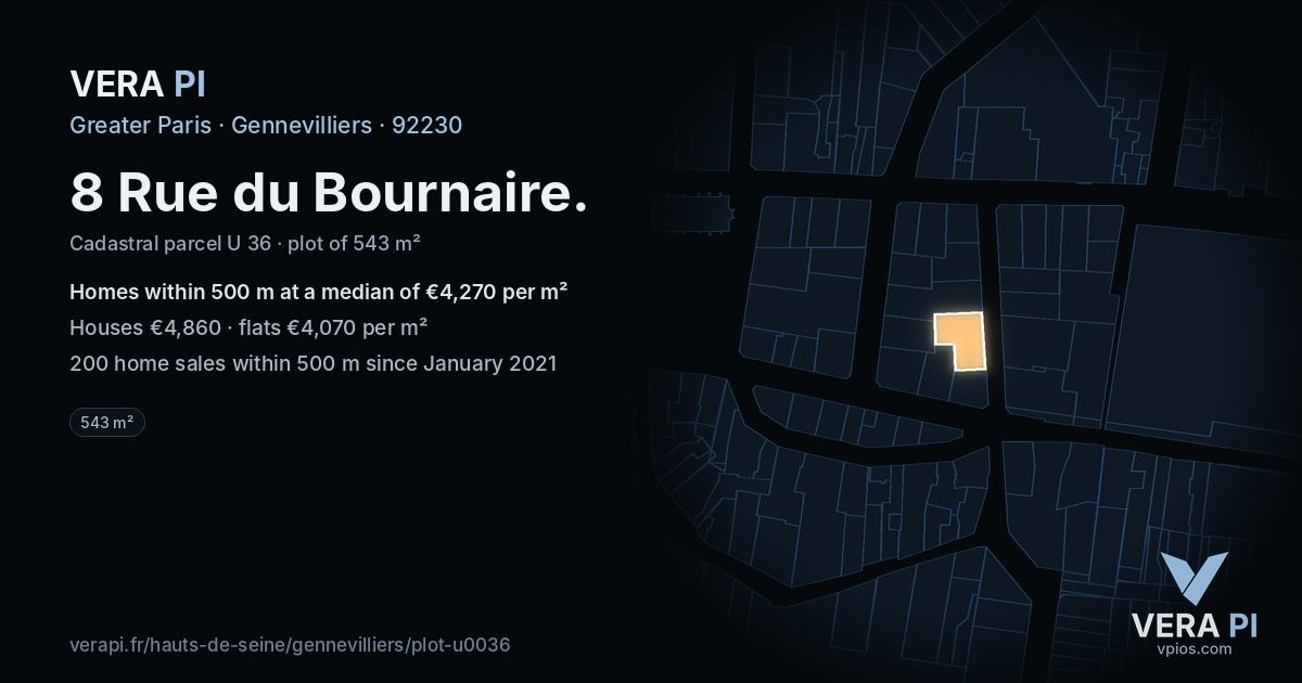 8 Rue du Bournaire, Gennevilliers at night – the plot lit, the parcels around coloured by the prices near them