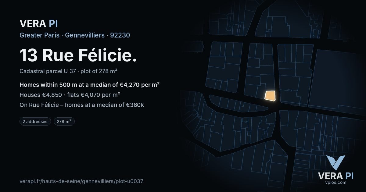 13 Rue Félicie, Gennevilliers at night – the plot lit, the parcels around coloured by the prices near them