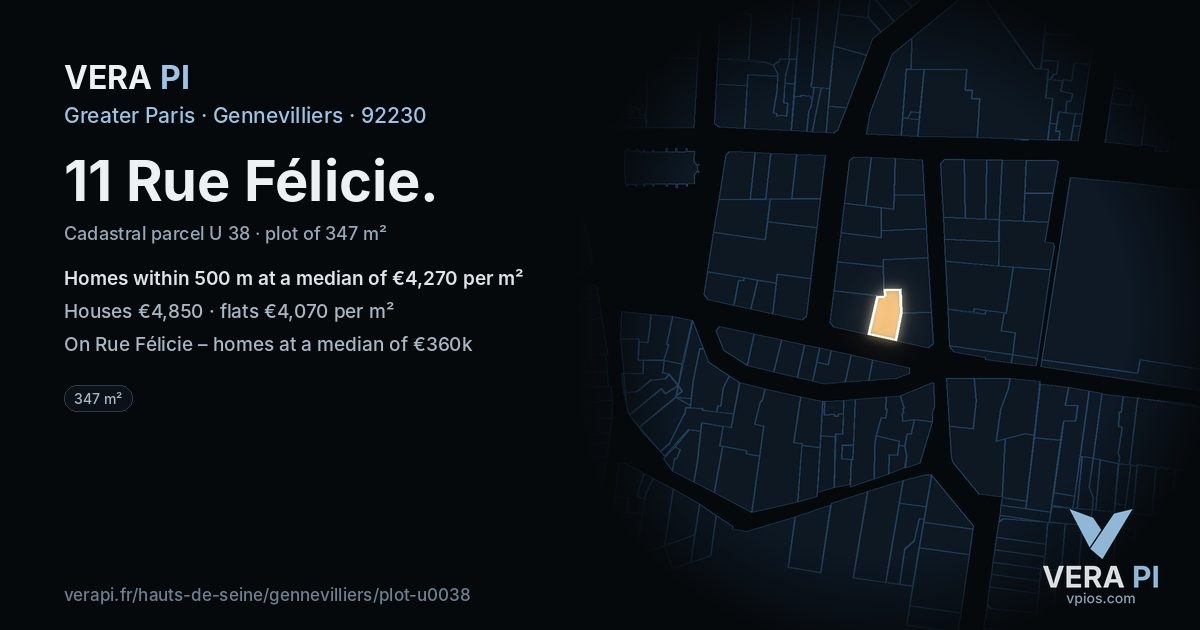 11 Rue Félicie, Gennevilliers at night – the plot lit, the parcels around coloured by the prices near them