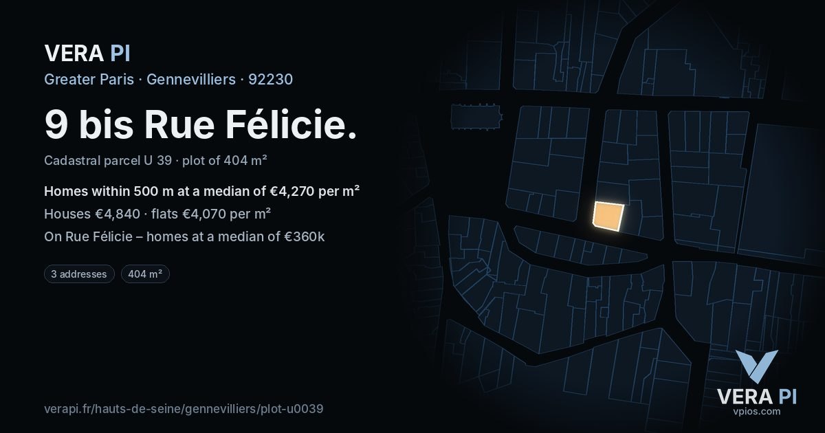 9 bis Rue Félicie, Gennevilliers at night – the plot lit, the parcels around coloured by the prices near them