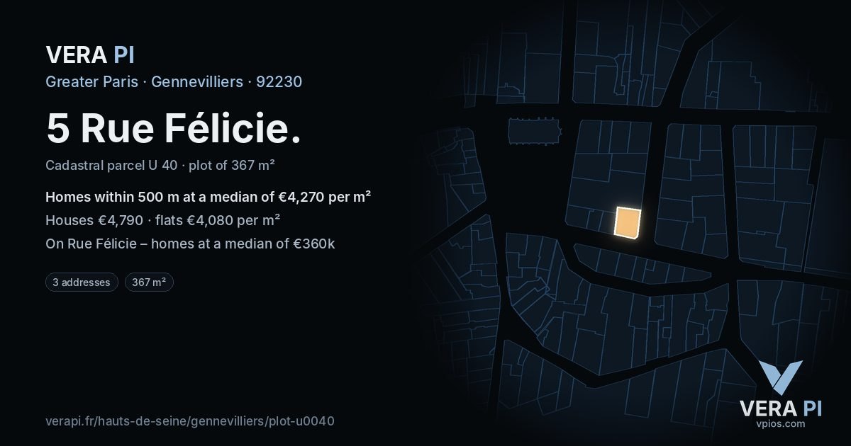 5 Rue Félicie, Gennevilliers at night – the plot lit, the parcels around coloured by the prices near them