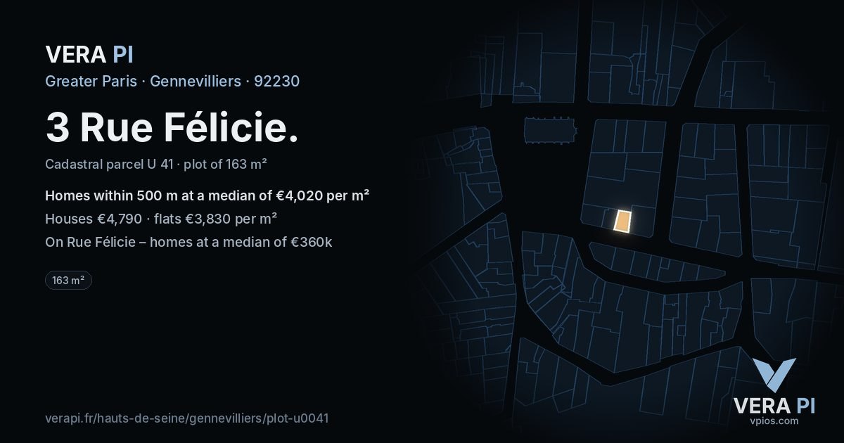 3 Rue Félicie, Gennevilliers at night – the plot lit, the parcels around coloured by the prices near them