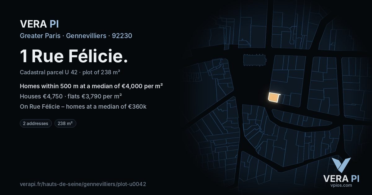 1 Rue Félicie, Gennevilliers at night – the plot lit, the parcels around coloured by the prices near them