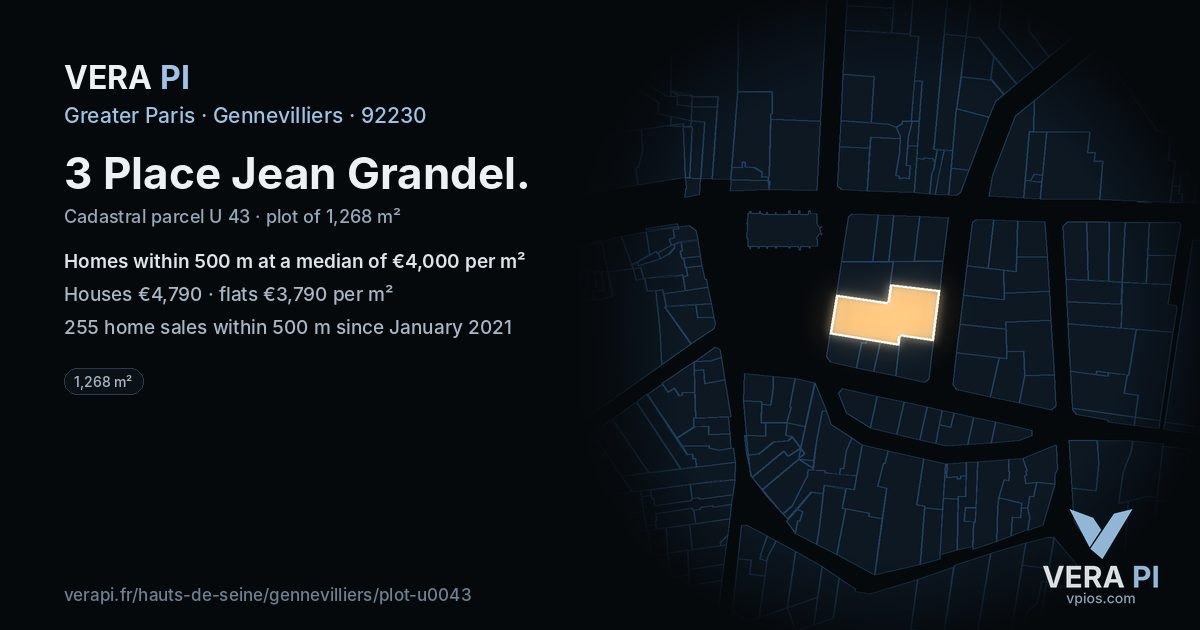 3 Place Jean Grandel, Gennevilliers at night – the plot lit, the parcels around coloured by the prices near them