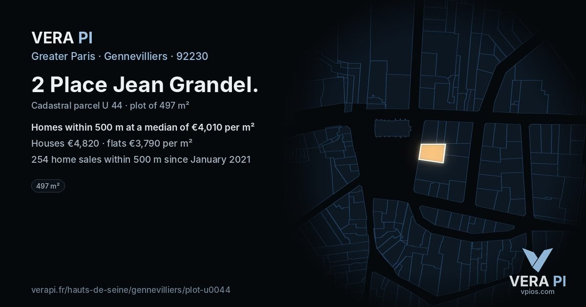 2 Place Jean Grandel, Gennevilliers at night – the plot lit, the parcels around coloured by the prices near them