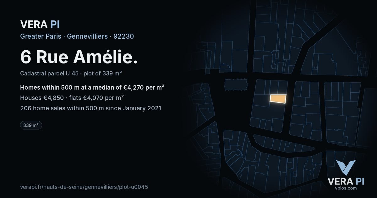 6 Rue Amélie, Gennevilliers at night – the plot lit, the parcels around coloured by the prices near them