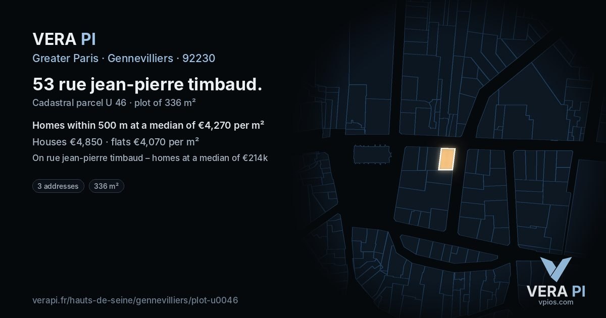 53 rue jean-pierre timbaud, Gennevilliers at night – the plot lit, the parcels around coloured by the prices near them