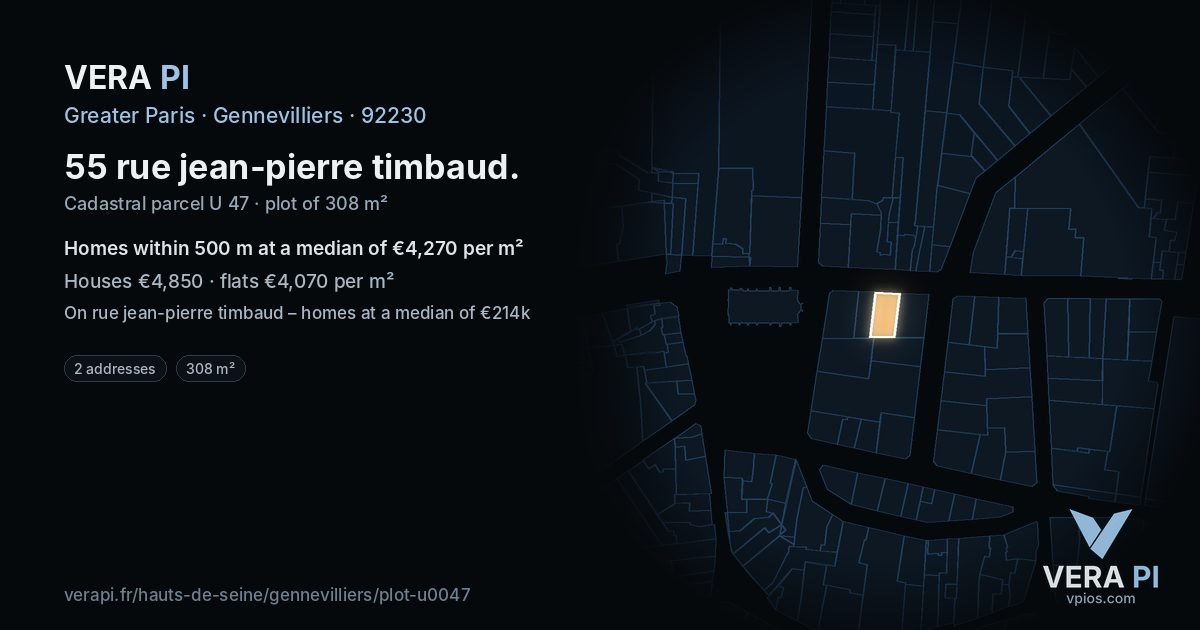 55 rue jean-pierre timbaud, Gennevilliers at night – the plot lit, the parcels around coloured by the prices near them