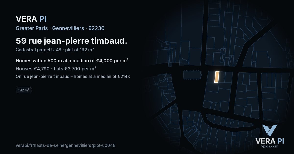 59 rue jean-pierre timbaud, Gennevilliers at night – the plot lit, the parcels around coloured by the prices near them