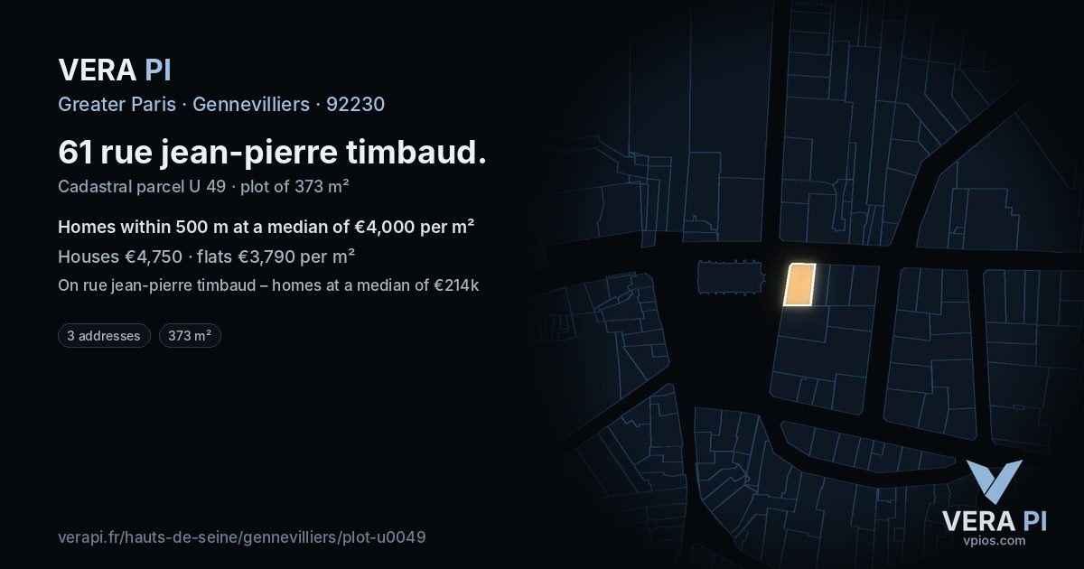 61 rue jean-pierre timbaud, Gennevilliers at night – the plot lit, the parcels around coloured by the prices near them