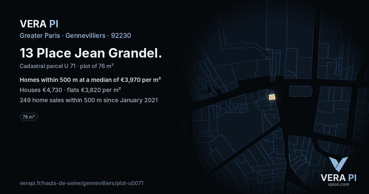 13 Place Jean Grandel, Gennevilliers at night – the plot lit, the parcels around coloured by the prices near them