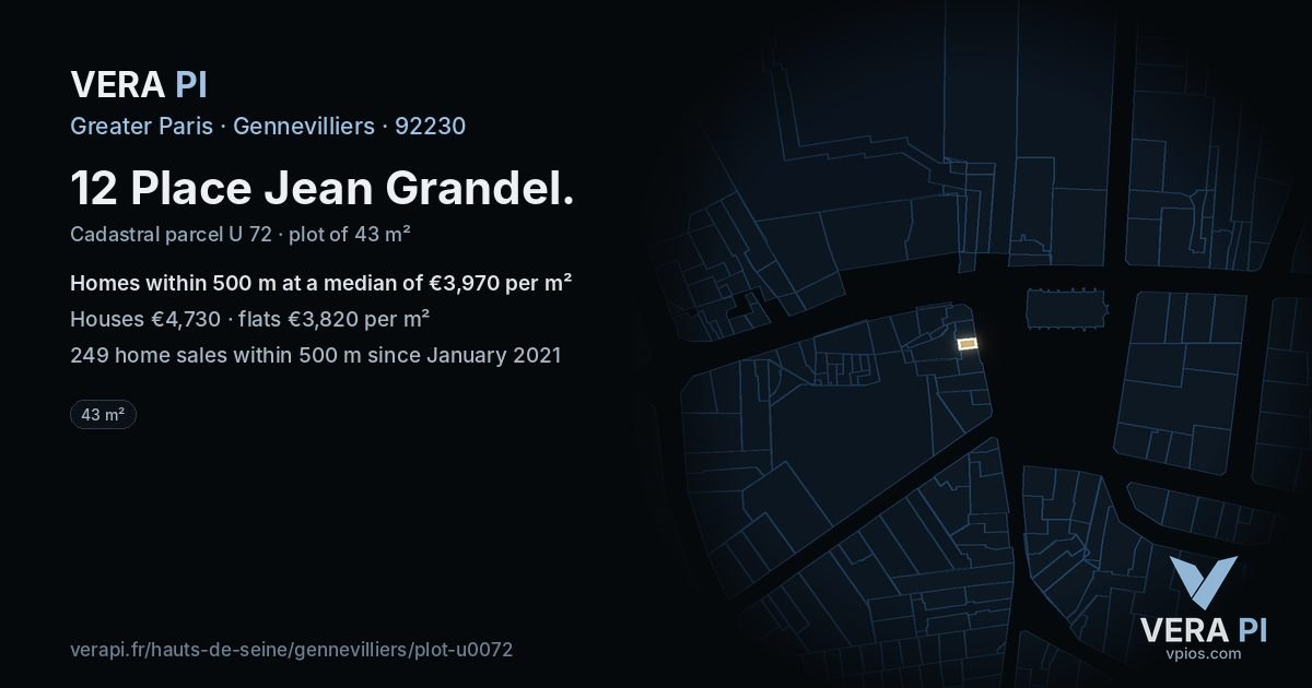 12 Place Jean Grandel, Gennevilliers at night – the plot lit, the parcels around coloured by the prices near them
