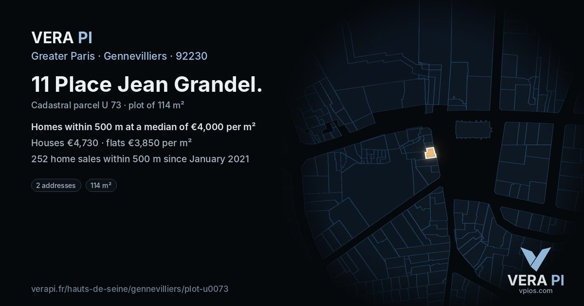 11 Place Jean Grandel, Gennevilliers at night – the plot lit, the parcels around coloured by the prices near them