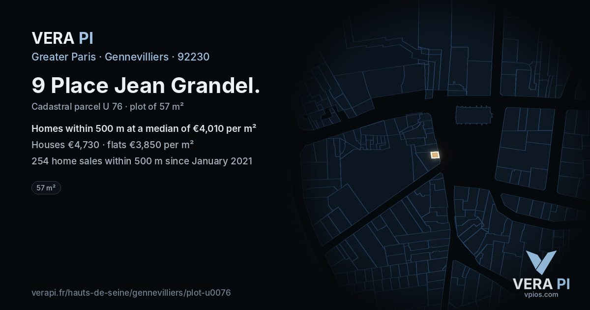 9 Place Jean Grandel, Gennevilliers at night – the plot lit, the parcels around coloured by the prices near them
